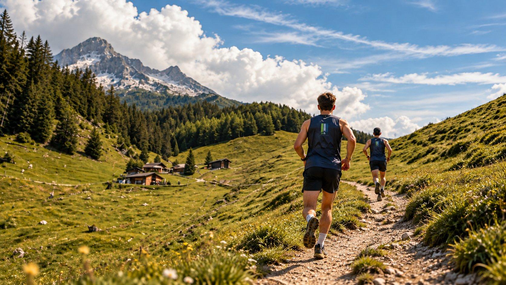 Zwei Trailläufer auf einem Pfad über die Alm, im Hintergrund Almhütten, Wald und ein Gipfel mit Schneefeldern
